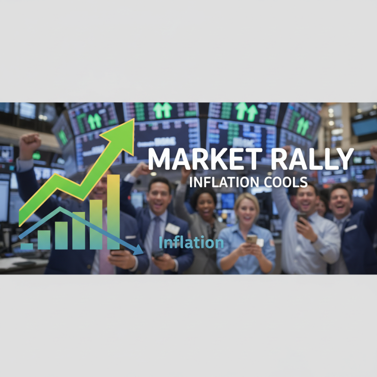 A professional image depicting a financial market rally with charts indicating cooling inflation.