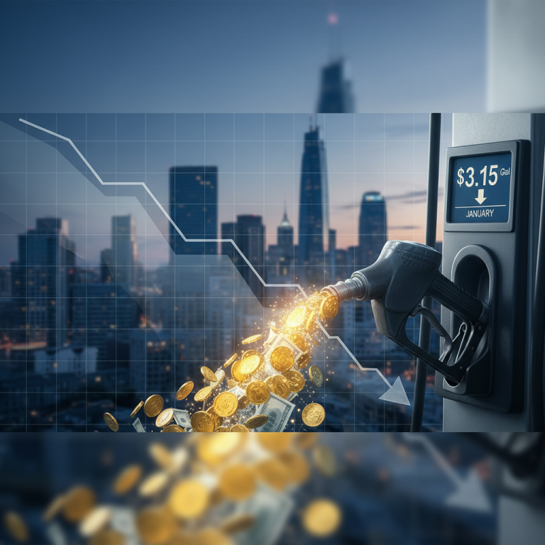A gas pump nozzle dispensing money, with a downward trending graph and city skyline in the background.