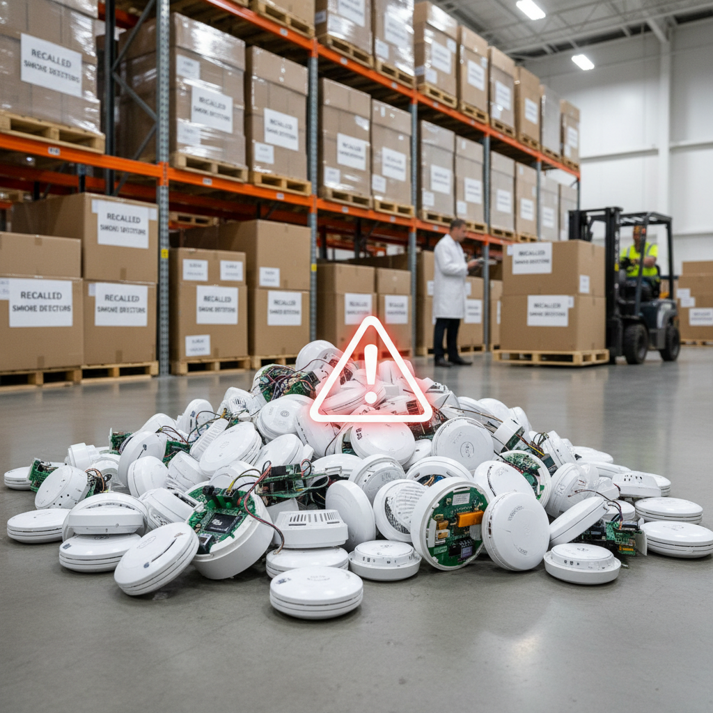 A pile of white smoke detectors with exposed circuit boards in a warehouse. An alert icon hovers above.