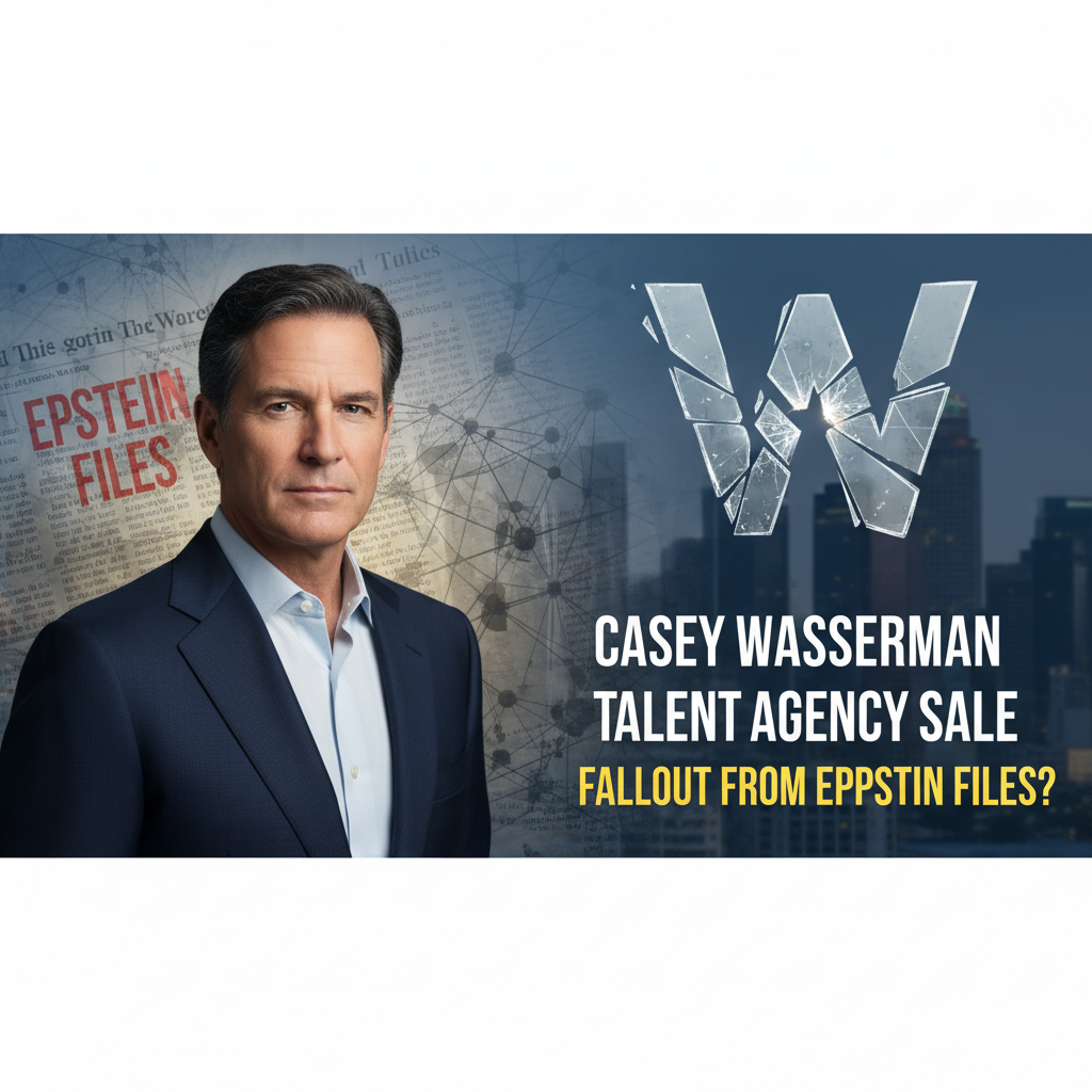 A man in a suit, Casey Wasserman, stands before a blurred newspaper with "Epstein Files" and a shattered 'W' logo.