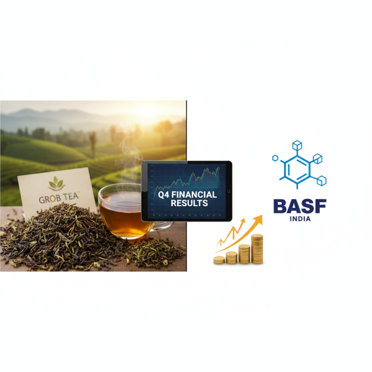 A cup of tea with a backdrop of a tea garden, and a tablet displaying financial charts with company logos.