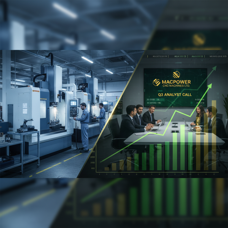 A split image showing a manufacturing floor on the left and a corporate meeting discussing market data on the right.