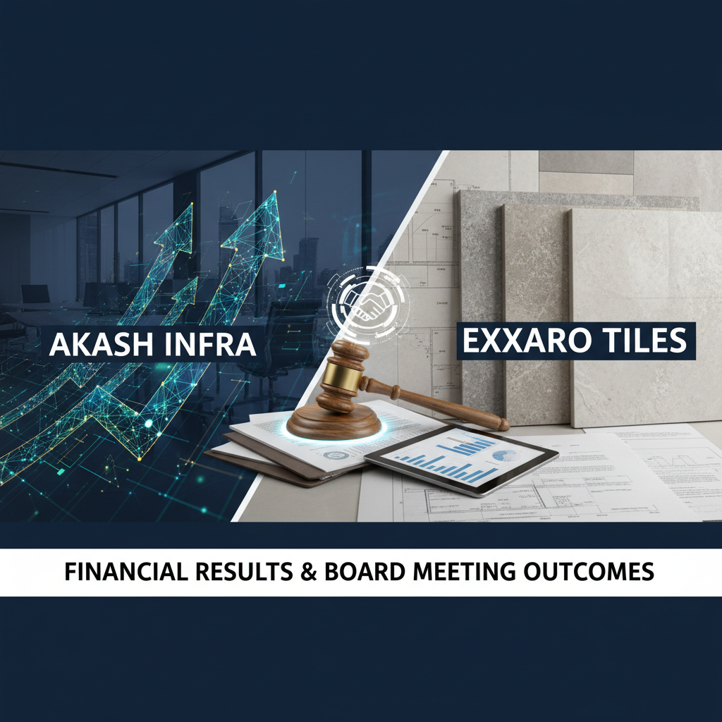 A split image representing financial growth for Akash Infra and tile manufacturing for Exxaro Tiles, with a gavel.