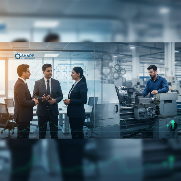 Three professionals in suits converse in a modern office, overlaid with a factory setting and data graphics.
