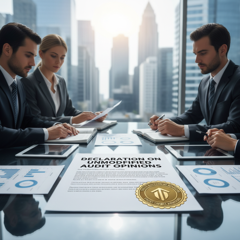 Business professionals review a "Declaration on Unmodified Audit Opinions" document on a table with financial charts.