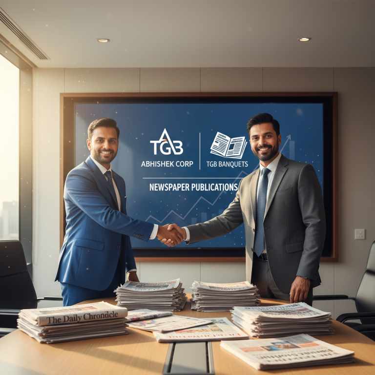 Two businessmen shaking hands in a modern boardroom with newspaper stacks and a digital screen showing company logos.