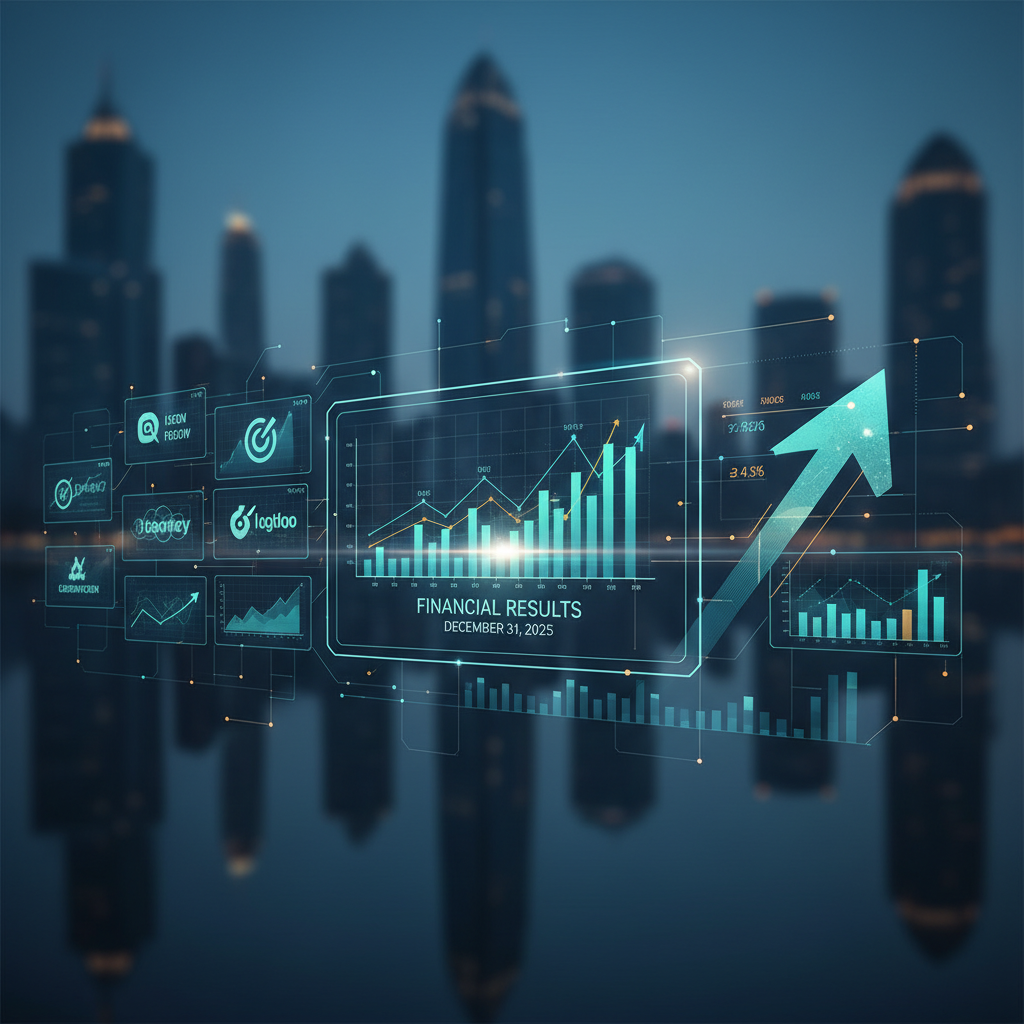 A digital display of financial charts and graphs with an upward arrow, superimposed over a blurred city skyline at dusk.