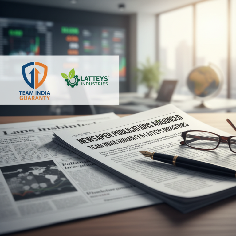 A newspaper with headlines about Team India Guaranty and Latteys Industries, with company logos visible.