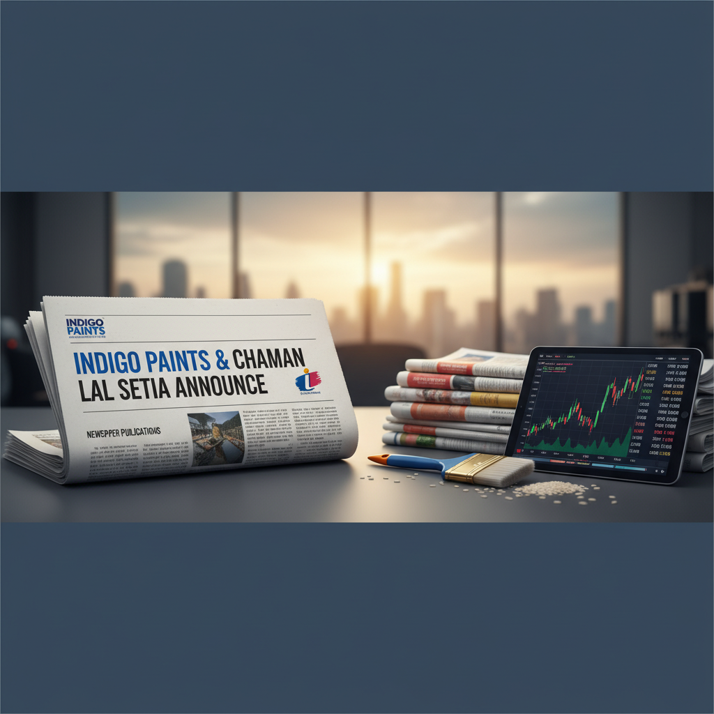 A newspaper with a headline about Indigo Paints and Chaman Lal Setia publications, alongside a tablet showing stock market data, paint supplies, and stacks of newspapers.