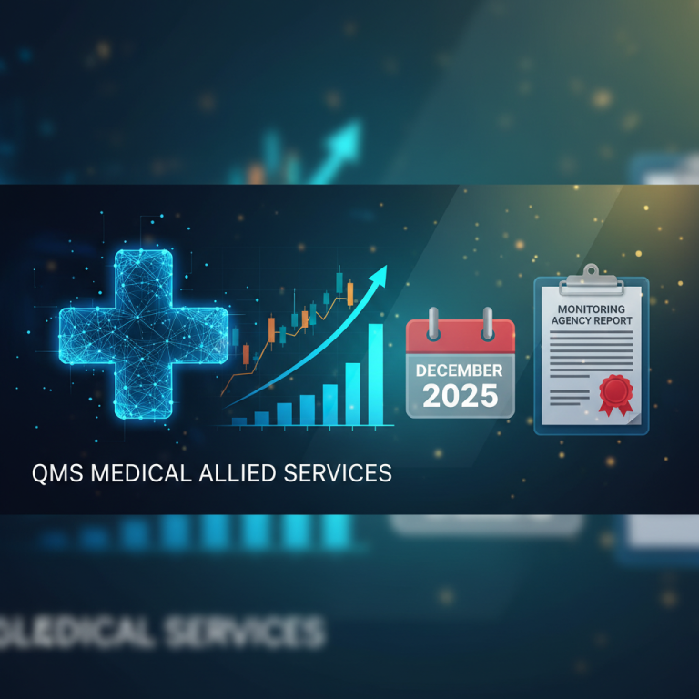Digital illustration of medical cross, calendar, report, and stock chart, signifying healthcare market monitoring.