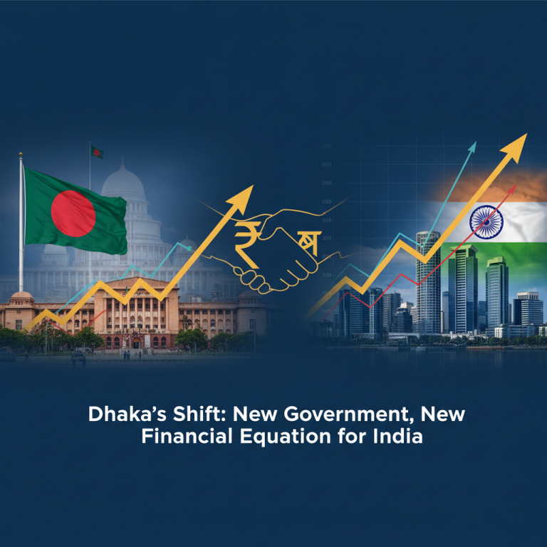 A visual representation of the economic relationship between Bangladesh and India, featuring flags, skylines, and growth charts.