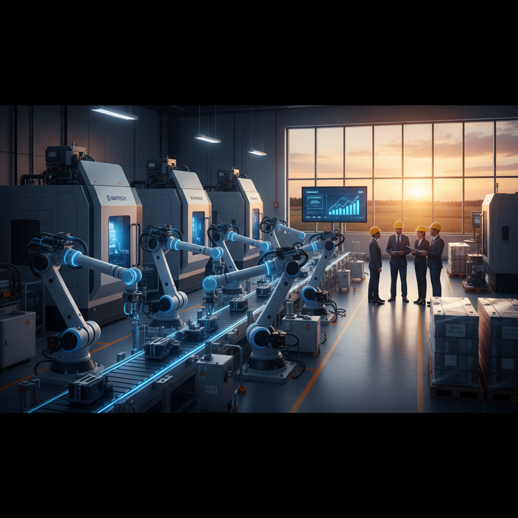 Robotic arms on a factory floor with a team of professionals discussing data, symbolizing industrial growth and new orders.