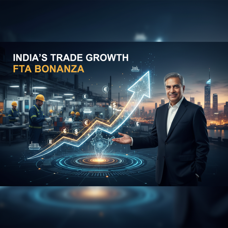 A professional image illustrating India's economic growth through FTAs, featuring Piyush Goyal, manufacturing, and trade symbols.