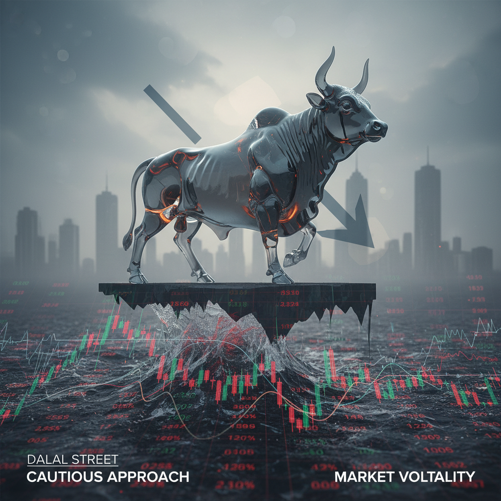 A chrome bull statue on a crumbling platform above a stormy sea of financial charts and city skyline.