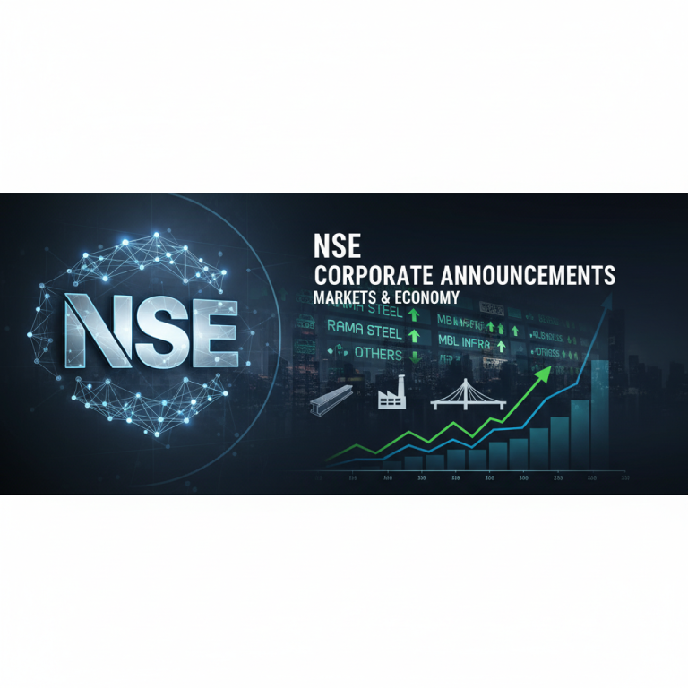 Digital illustration for NSE Corporate Announcements, featuring company names like Rama Steel, MBL Infra, and others, with stock market data.