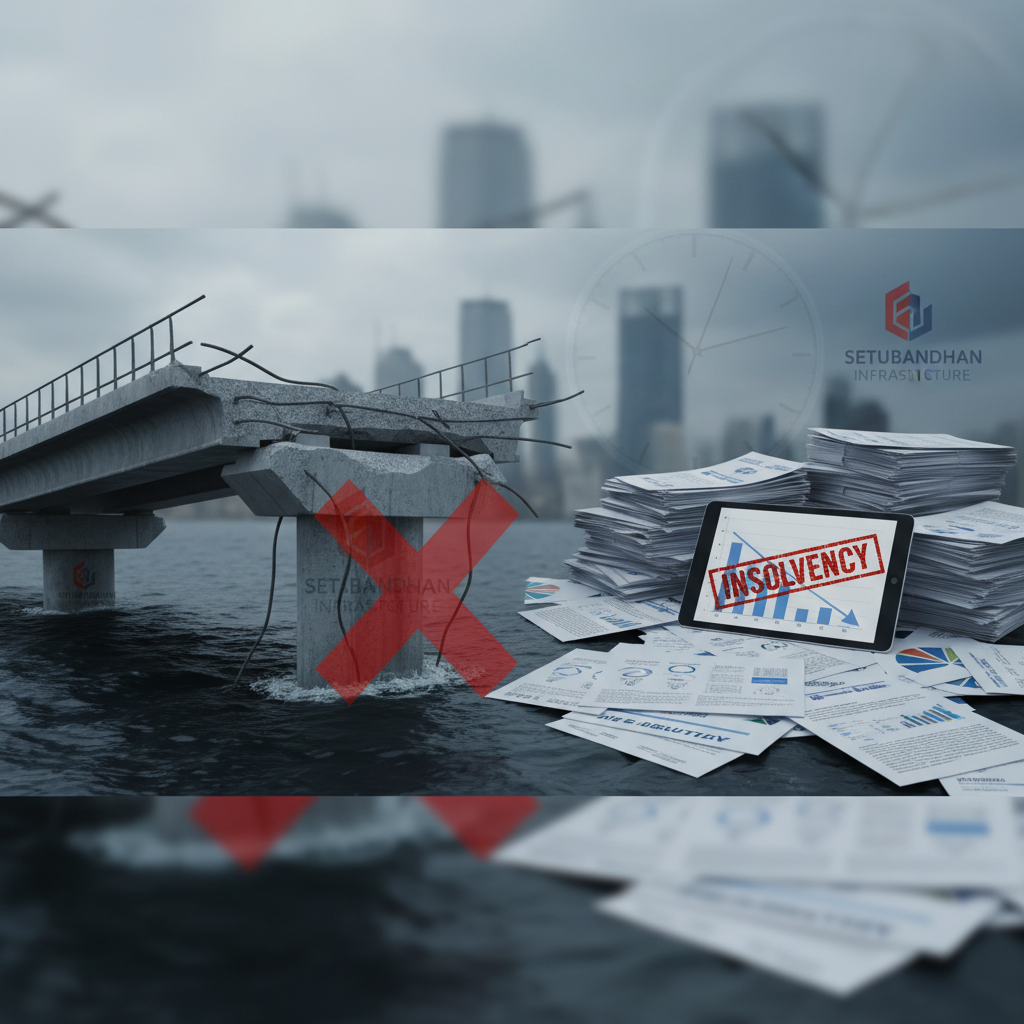 Broken bridge with an insolvency stamp and financial documents, symbolizing financial distress and business failure.