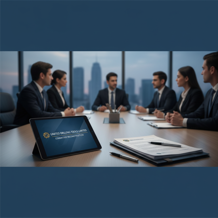 A professional board meeting scene with a tablet displaying "United Drilling Tools Limited Committee Reconstitution".