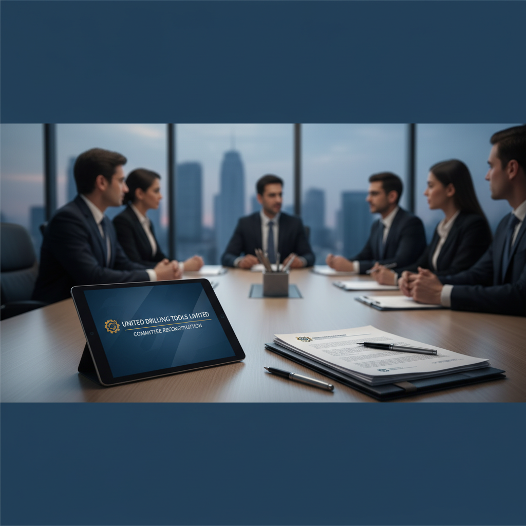 A professional board meeting scene with a tablet displaying "United Drilling Tools Limited Committee Reconstitution".