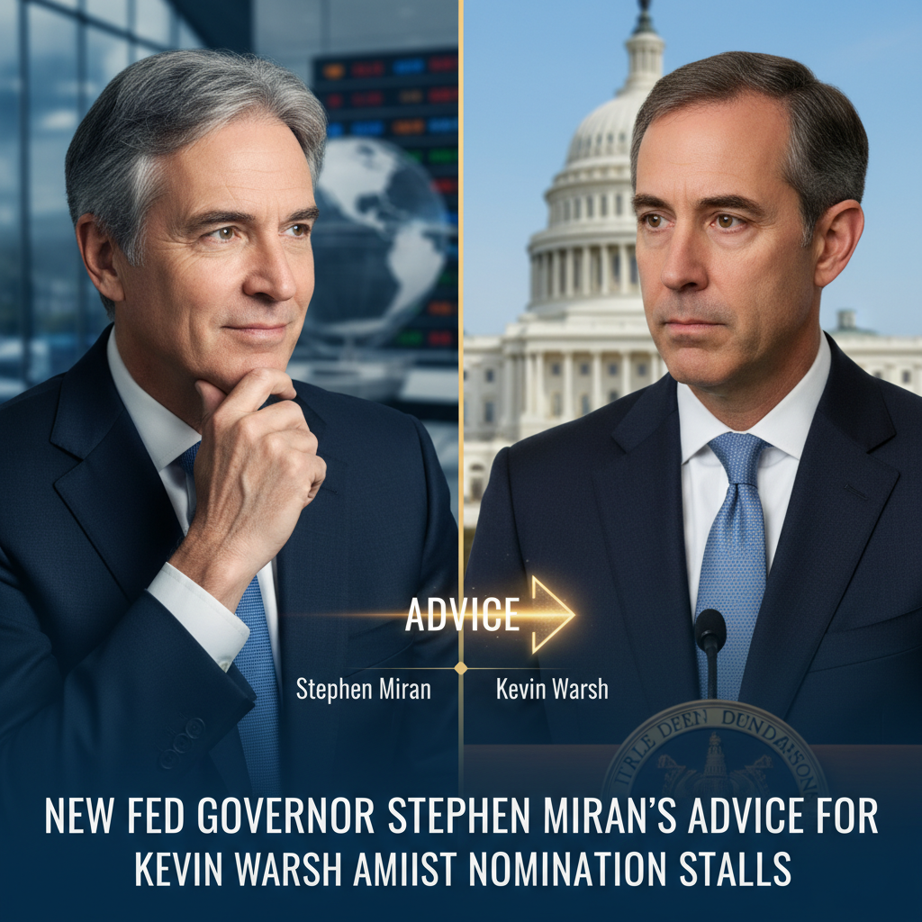 Split image of Stephen Miran and Kevin Warsh, with a "Advice" arrow between them. Financial and Capitol backdrops.