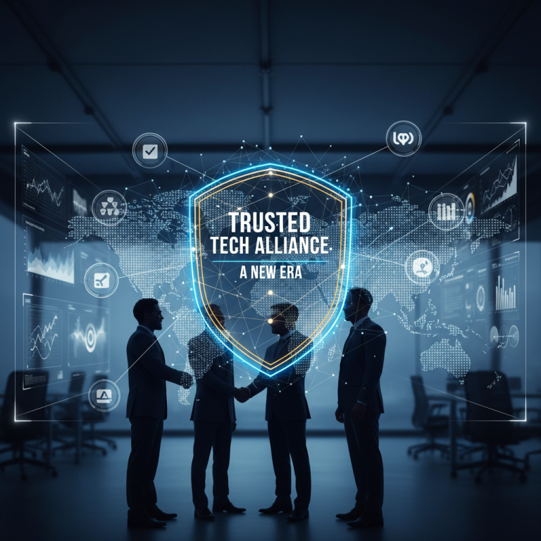 Four business professionals shake hands, surrounded by a glowing shield and tech icons.