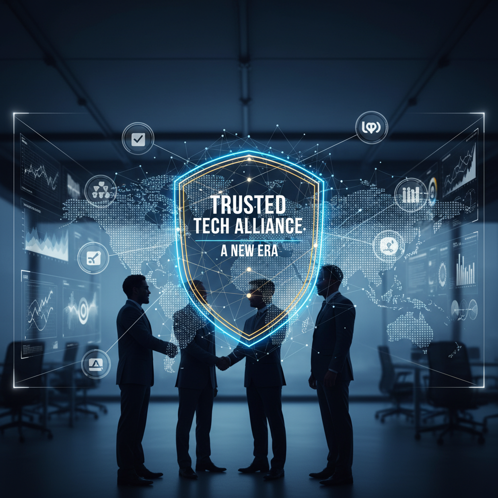 Four business professionals shake hands, surrounded by a glowing shield and tech icons.