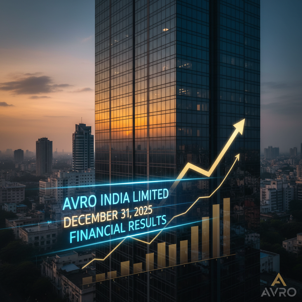 Skyscraper at sunset with holographic financial charts and "AVRO INDIA LIMITED DECEMBER 31, 2025 FINANCIAL RESULTS" text.