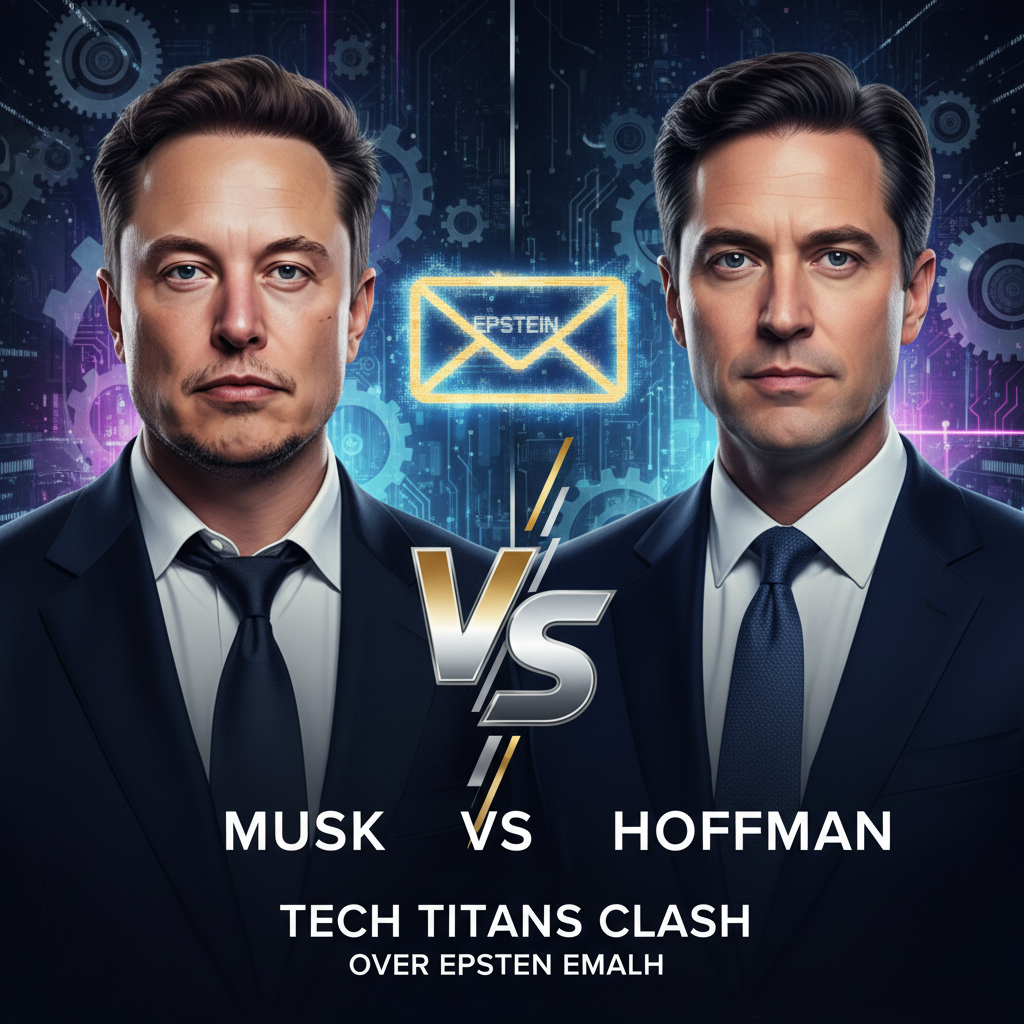 A professional image of Elon Musk and Reid Hoffman facing each other with a glowing "VS" symbol and an email icon.