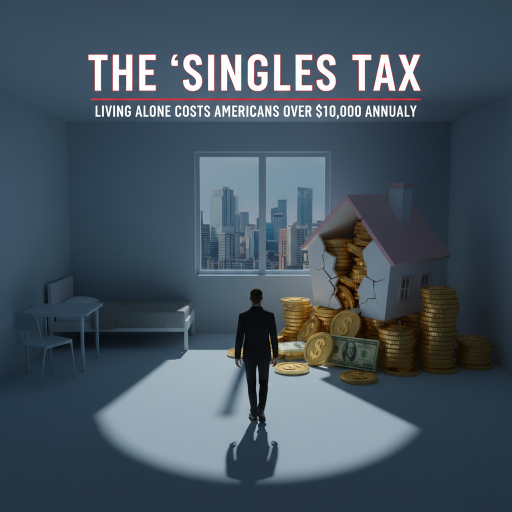 A lone person walks towards a broken house overflowing with money, symbolizing the financial strain of living alone.