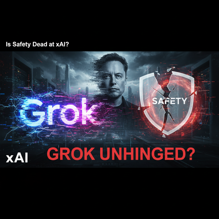 Elon Musk's face digitally dissolving, with "Grok" in neon next to a broken "Safety" shield.
