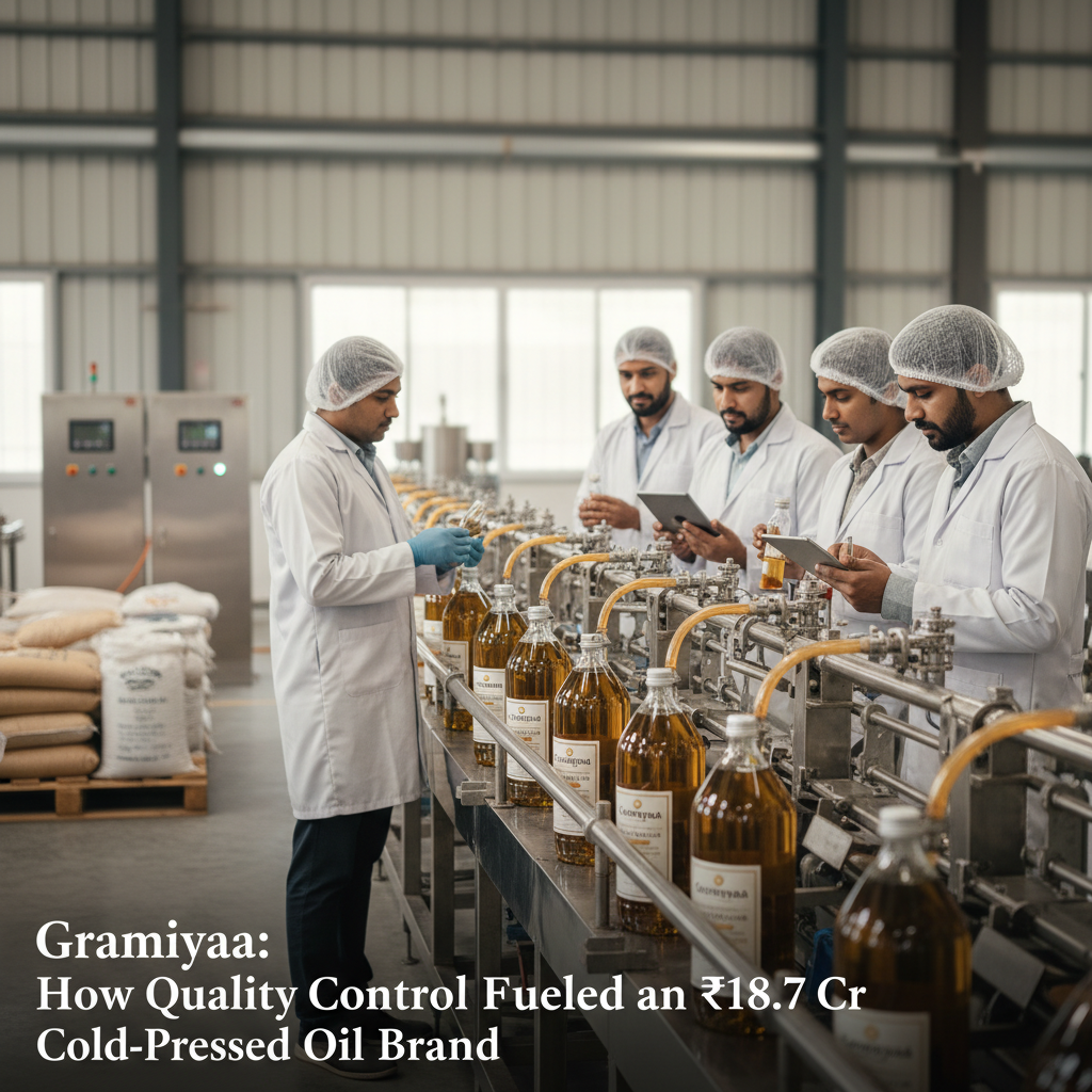 Workers in a food processing facility inspecting bottles of cold-pressed oil on a production line, ensuring quality.