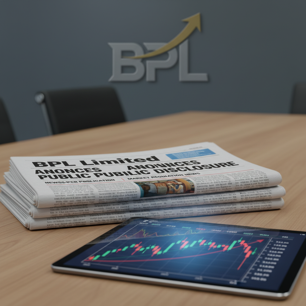 A professional image showing a newspaper stack on a wooden table, announcing "BPL Limited Public Disclosure." A tablet displays market trends, with a faint BPL logo and an upward arrow in the background.