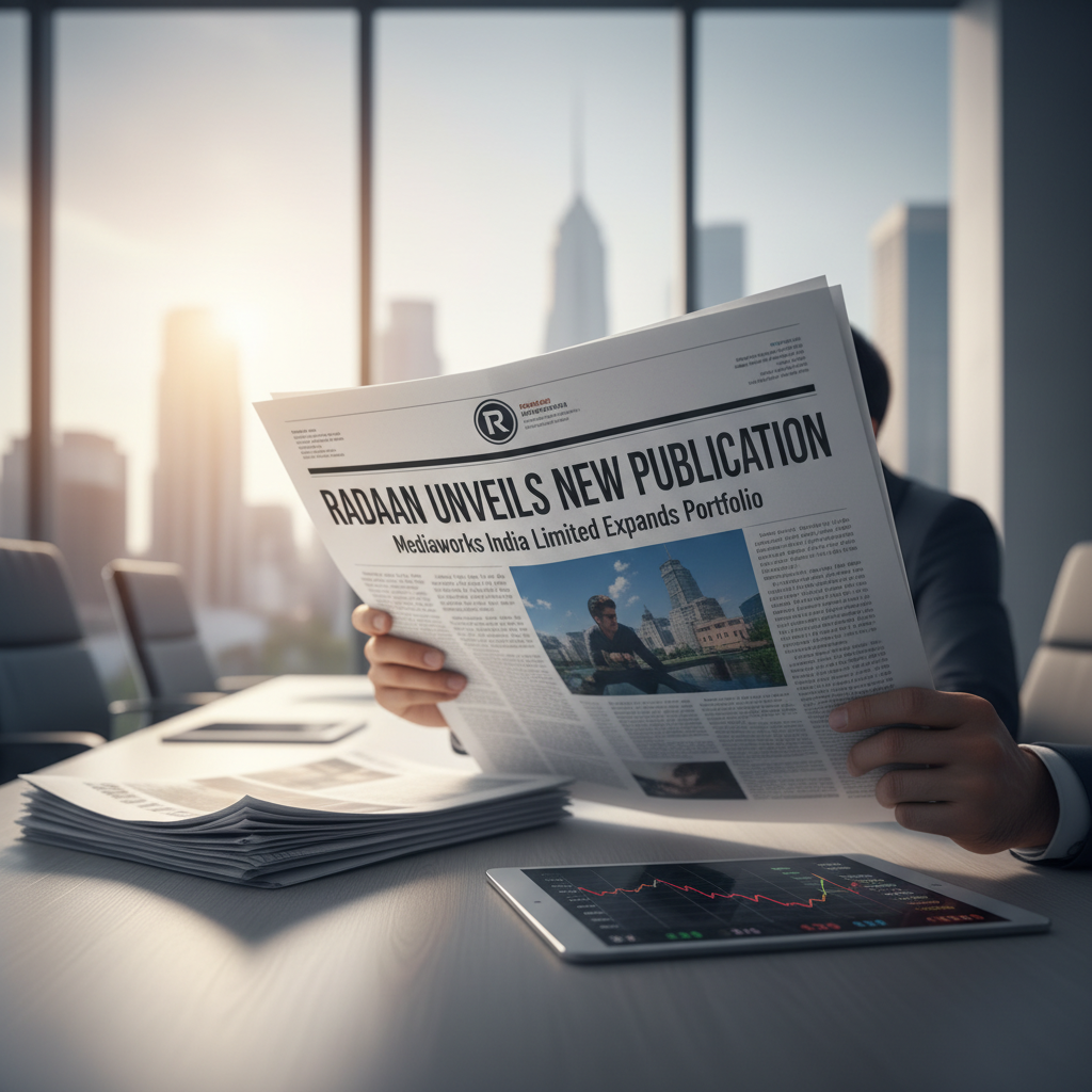 A person in a suit reads a newspaper with "Radaan Unveils New Publication" headlining, overlooking a city skyline.