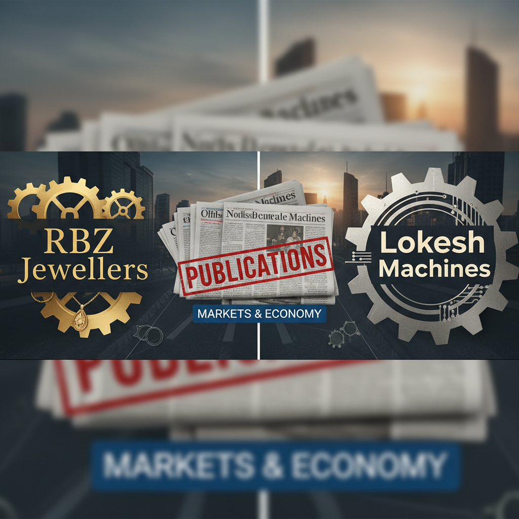 A professional image showing newspaper clippings with "PUBLICATIONS" stamp, gears representing RBZ Jewellers and Lokesh Machines, and a city background.