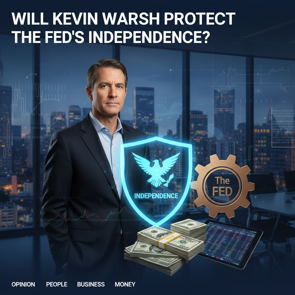 A man in a suit, Kevin Warsh, stands before a neon blue shield with "Independence" and a gear labeled "The Fed."