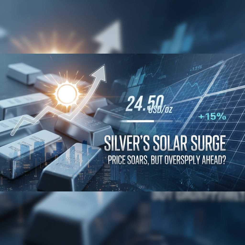 A professional graphic showing silver bars, an upward arrow with a sun, a solar panel grid, and market data.