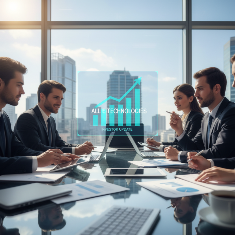 Business professionals in a modern boardroom discussing "All E Technologies" investor update with a glowing bar chart.
