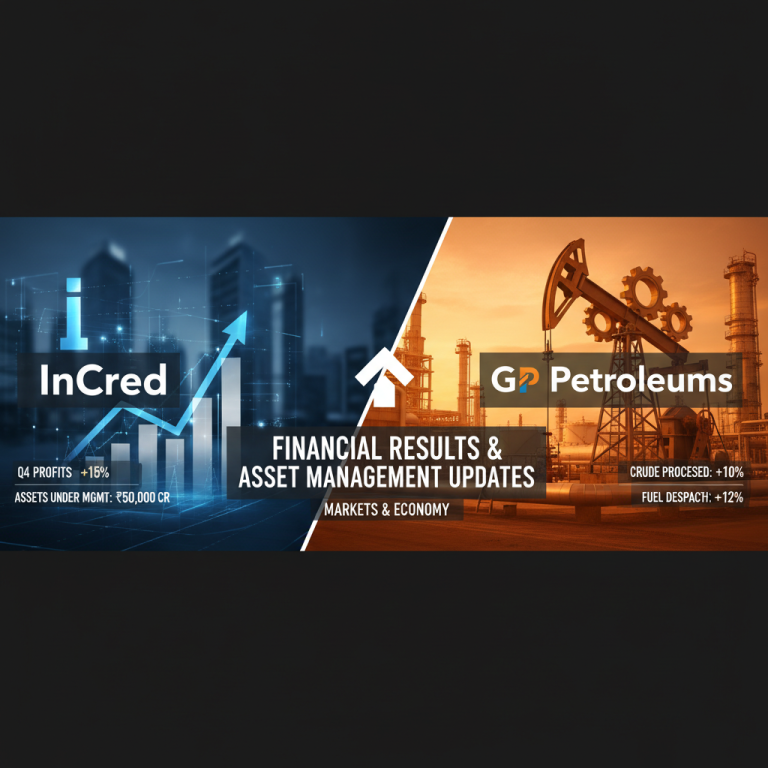 A split image showing InCred financial data and GP Petroleums oil rig.