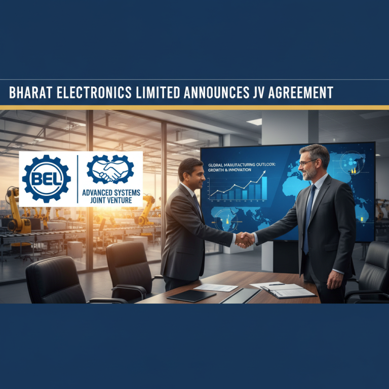 Two businessmen shaking hands in a modern office with manufacturing robots and a global market display in the background.