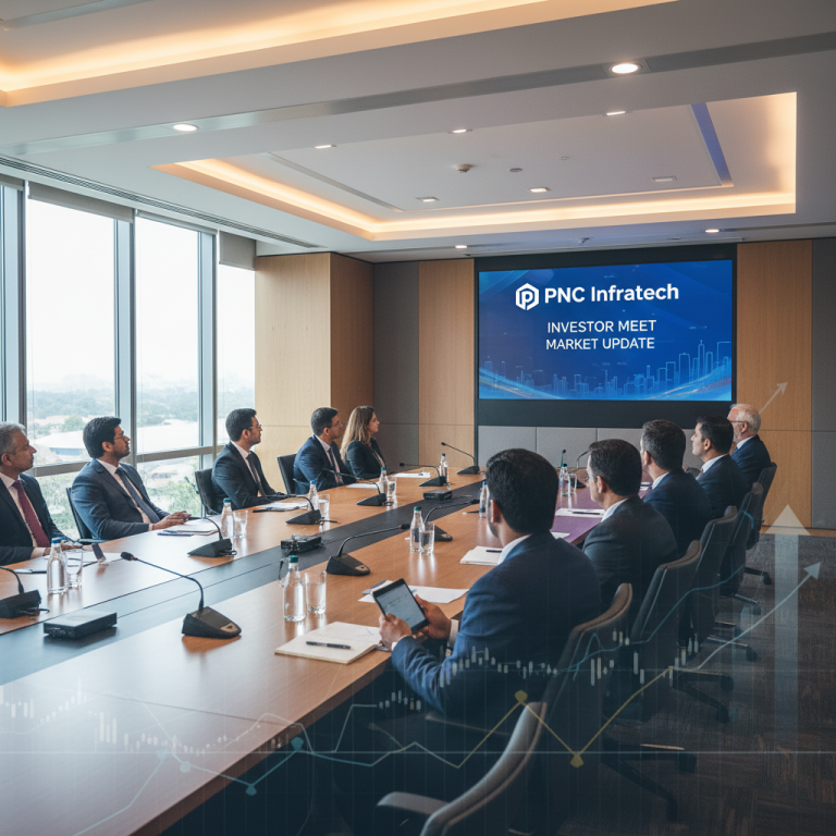 Business professionals in a modern conference room, looking at a screen displaying "PNC Infratech Investor Meet Market Update."