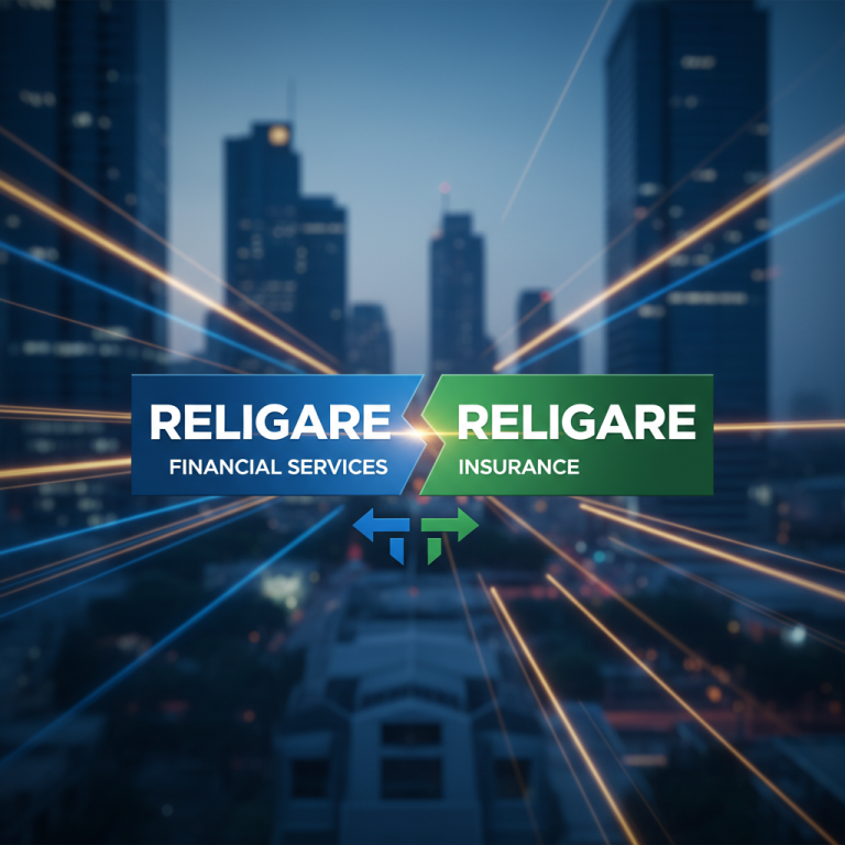 Religare Financial Services and Religare Insurance logos splitting with arrows, set against a blurred city background.