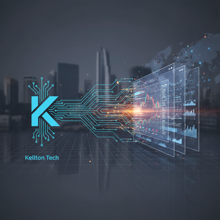 A professional, tech-themed image with Kellton Tech's logo integrated into a circuit board design.