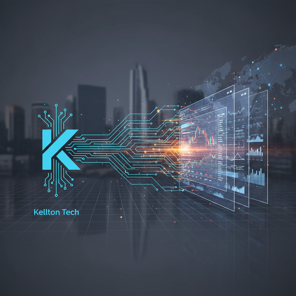 A professional, tech-themed image with Kellton Tech's logo integrated into a circuit board design.