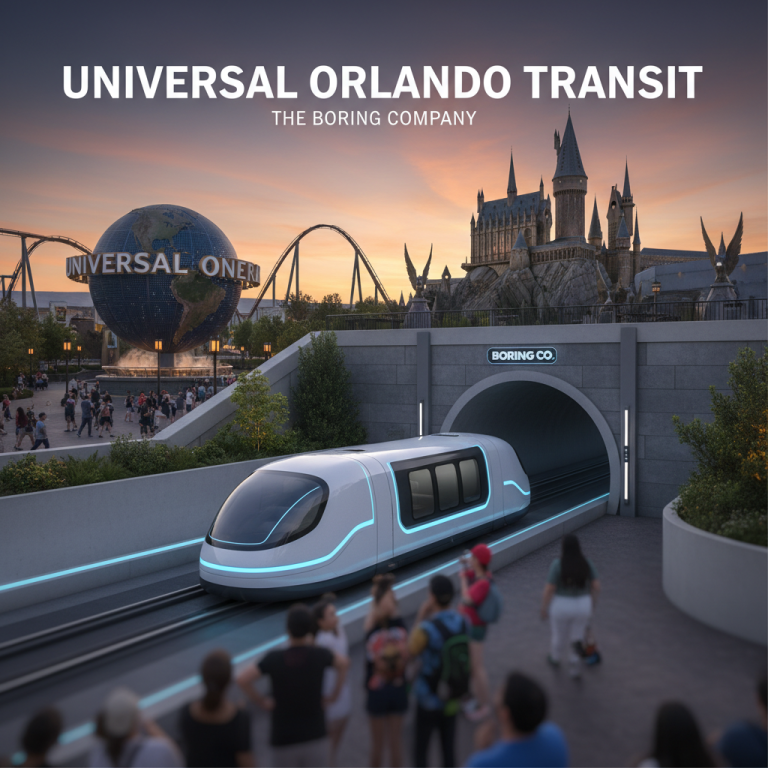 A futuristic pod train exiting a tunnel with Universal Orlando Resort attractions in the background.