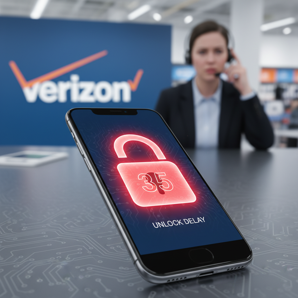 A smartphone screen showing a red padlock with the number 35 and "UNLOCK DELAY," against a blurred Verizon store background.
