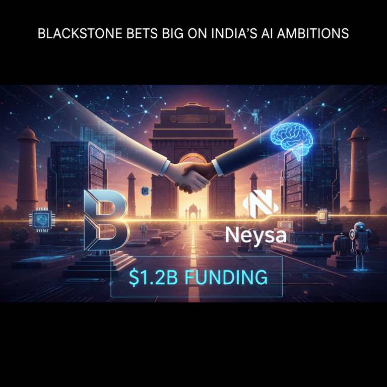 An image symbolizing a partnership between Blackstone and Neysa, with technological elements and India Gate in the background.