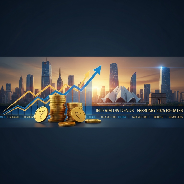 A professional header image showing stacks of gold coins with rupee symbols, a growing stock market graph, and a city skyline at sunset.