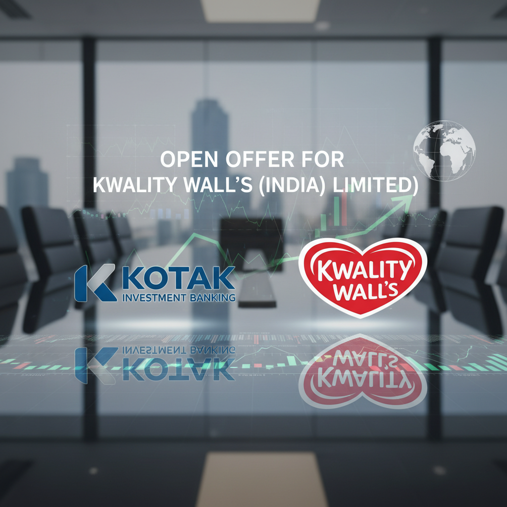 A modern office boardroom with the logos of Kotak Investment Banking and Kwality Wall's, symbolizing an open offer.