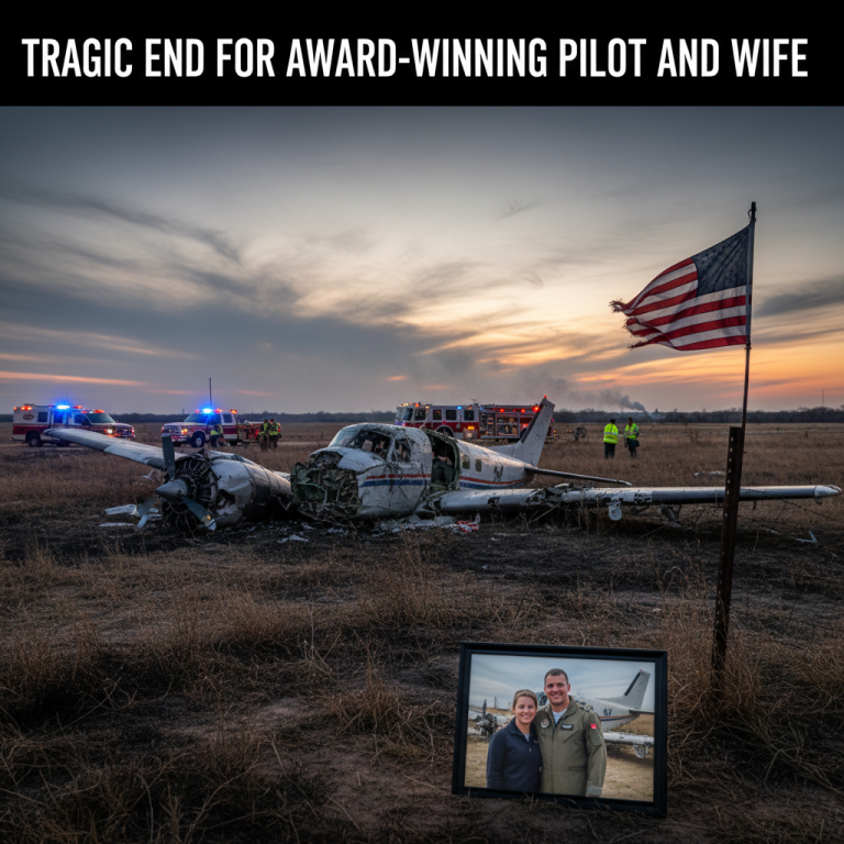Wreckage of a small plane in a field with emergency vehicles, a flag, and a framed photo of the pilot and his wife.