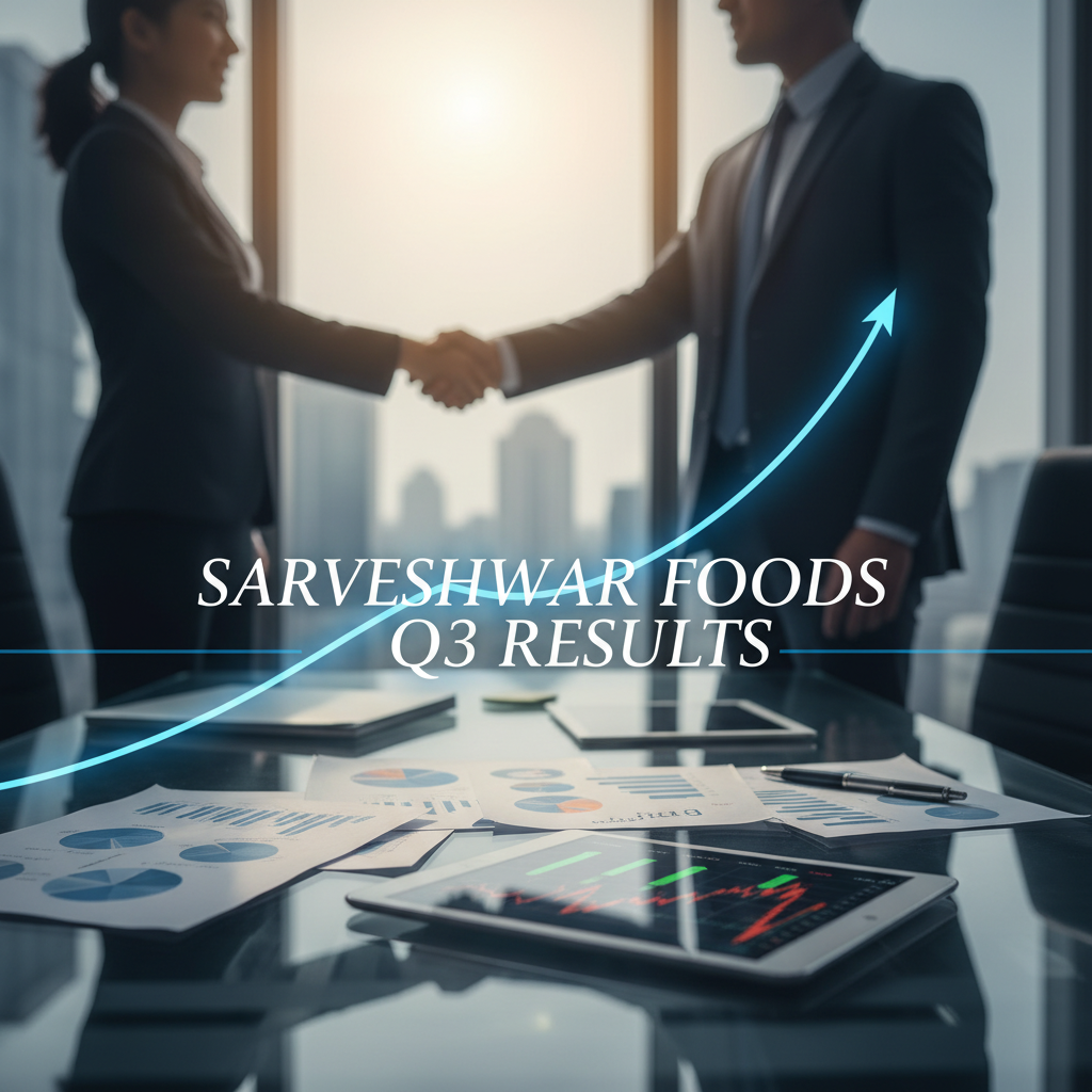 Two business people shake hands in a sunlit office, with financial documents and tablets showing an upward trend graph.