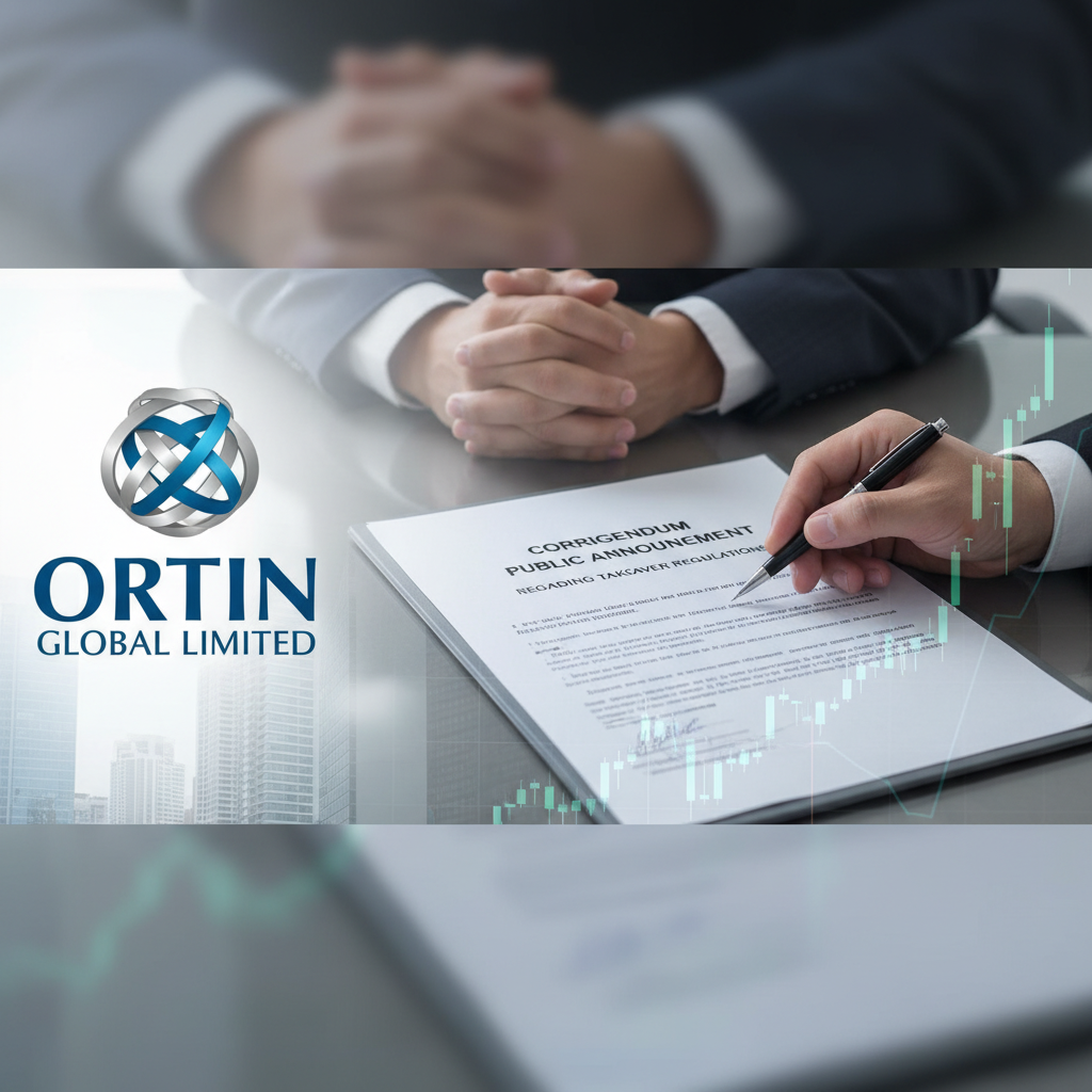 A professional image showing a document titled "Corrigendum Public Announcement Regarding Takeover Regulations" being signed, with the Ortin Global Limited logo, a financial chart overlay, and blurred figures in the background, symbolizing mergers and acquisitions.